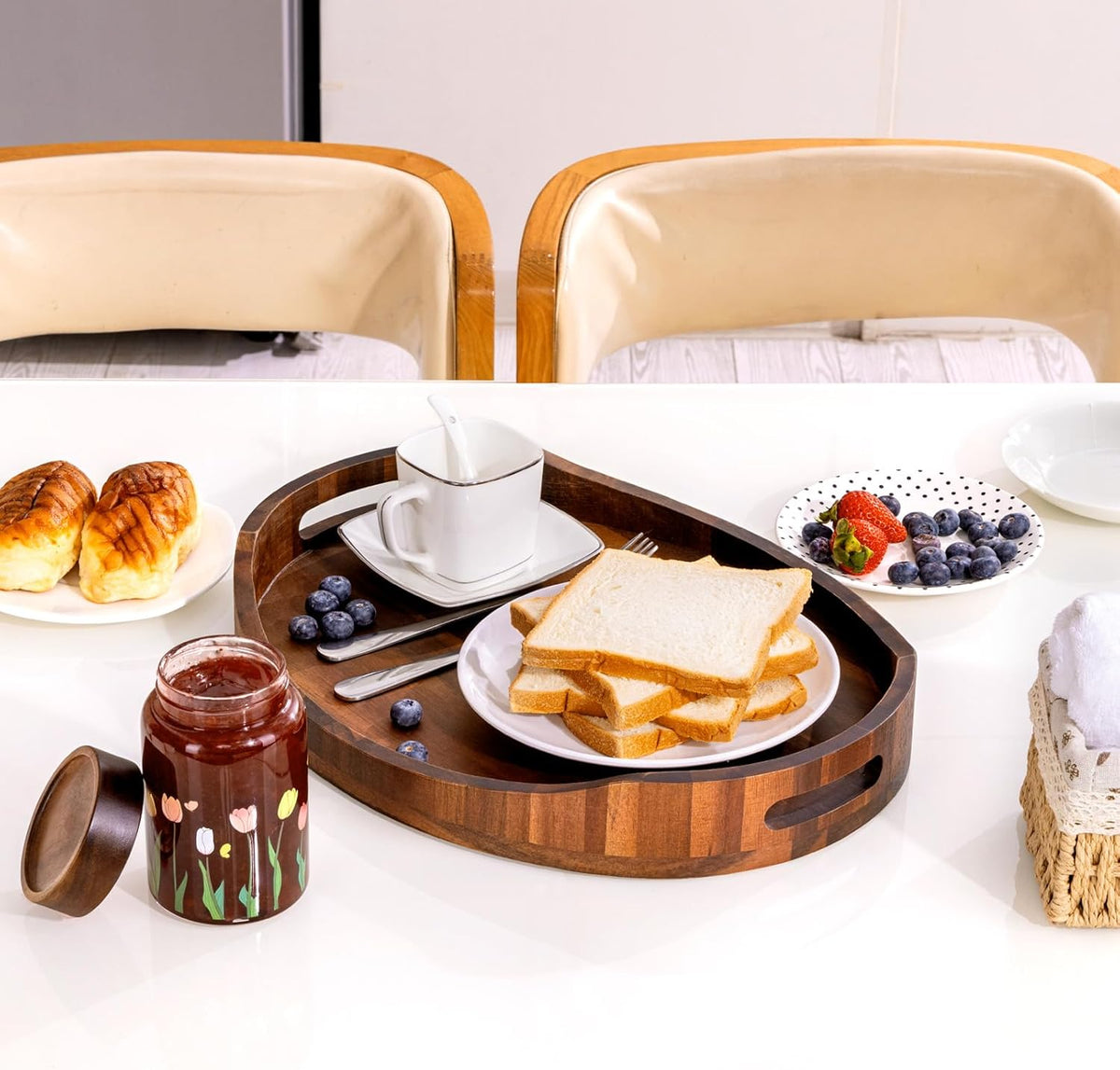HouseJoy Wood Serving Tray with Handle: Decorative Ottoman Tray w/High Edge | 16.5x13in size-Acacia Wood-12mm Thick-Easy to Grip-Waterproof-Tray for Food in Bed/Coffee Table/Bathroom-Dessert Display