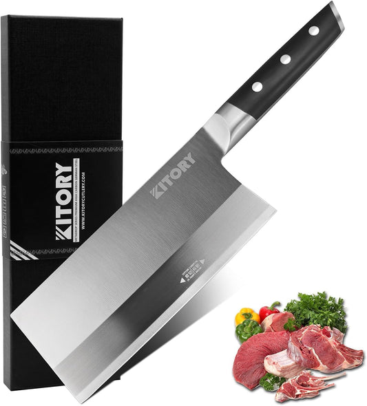 Kitory Meat Cleaver Knife 7"- Front Cutting Behind Chopping - German High Carbon Steel Blade, Chinese Qian Qie Hou Zhan