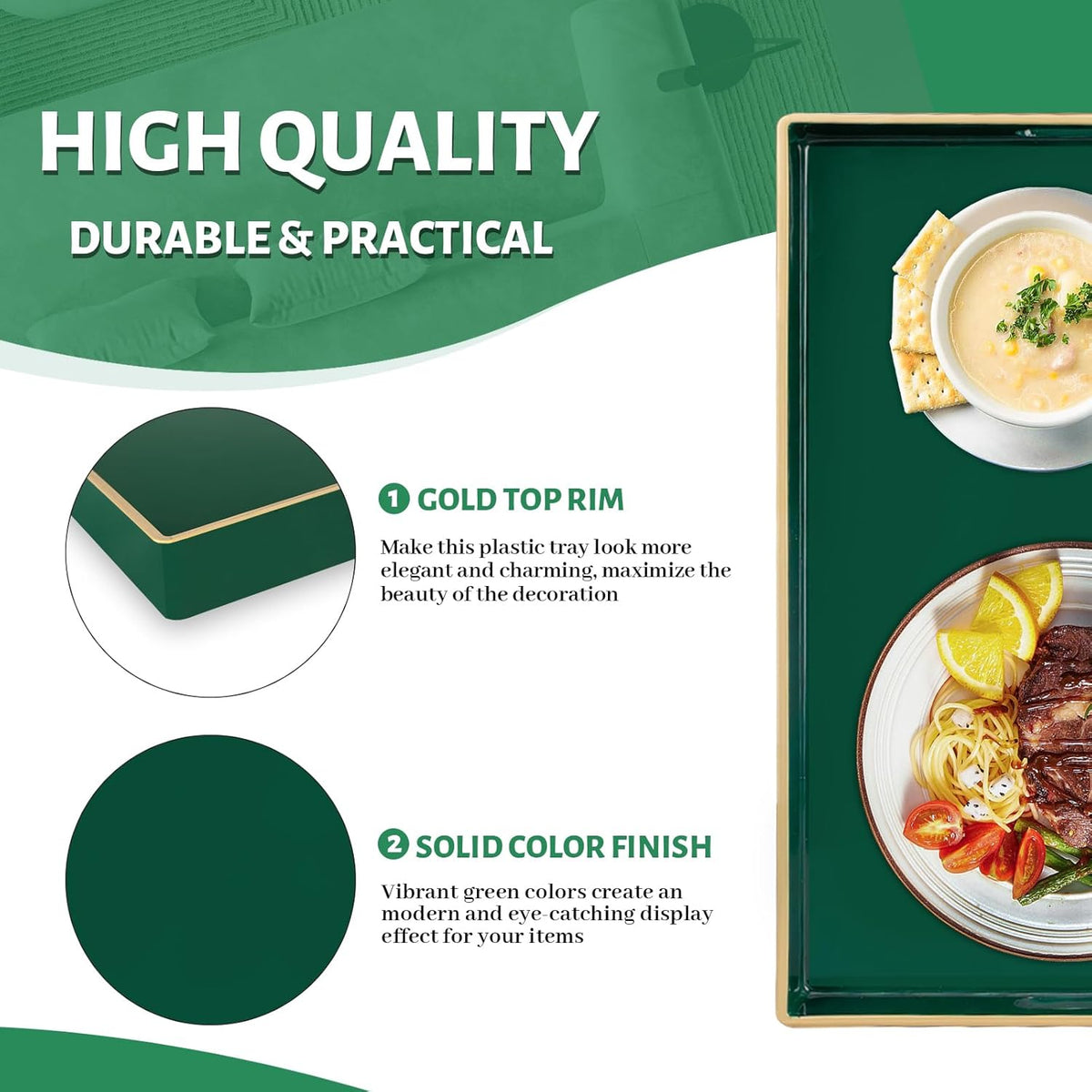 MAONAME Dark Green Decorative Tray for Ottoman, Serving Tray with Handles | Plastic Coffee Table Tray, Modern Melamine Tray, Rectangle Countertop Organizer Tray for Living Room, 15.8"L x 10.2"W x 1.4"H