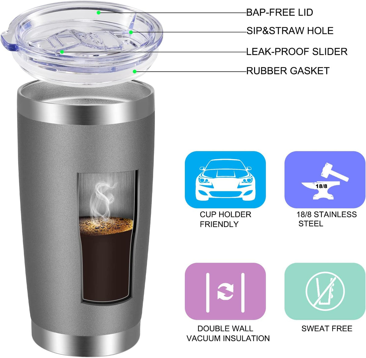 VEGOND 20oz Tumbler with Lid and Straw Stainless Steel Tumbler Cup Bulk Vacuum Insulated Double Wall Travel Coffee Mug Powder Coated Coffee Cup, Grey, 6 Pack