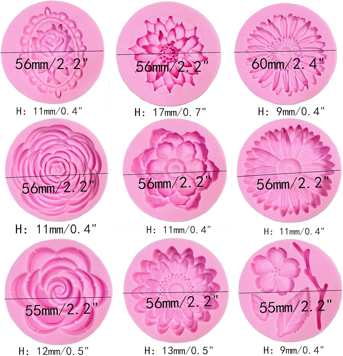 9 Pcs Flowers Fondant Molds Silicone for Cupcake Dessert | Chocolate Jelly Cookie Decor, Jewelry, Pastry, Handmade Soap Mould Candy Making