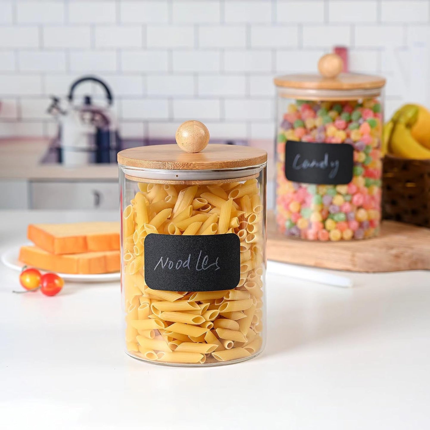 Le'raze Set of 2 Glass Canisters for Kitchen Counter with Airtight Bamboo Lids + Marker &amp; Labels - 68oz. Large Cookie Jars Wooden Lid, Food Storage Containers Pantry, Flour, Sugar, Pasta, Candy.