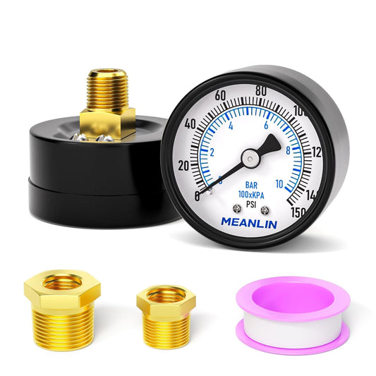 MEANLIN MEASURE 0-150Psi 2" DIAL FACE 1/4" NPT Well Pump Pressure Gauge, with 1/2" NPT and 3/8" NPT Hex Bushing, 3-2-3%