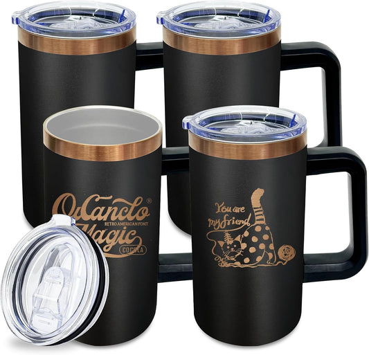 22oz Insulated Coffee Mug Bulk with Handle and Lid Black,4pack | Stainless Steel Coffee Travel Mugs, Double Wall Vacuum Tumbler, Keep Hot &amp; Cold, Leakproof, Powder Coated, Camping, Office