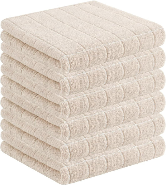 Homaxy 100% Cotton Terry Kitchen Towels(Beige, 13 x 28 inches), Checkered Designed, Soft and Super Absorbent Dish Towels, 6