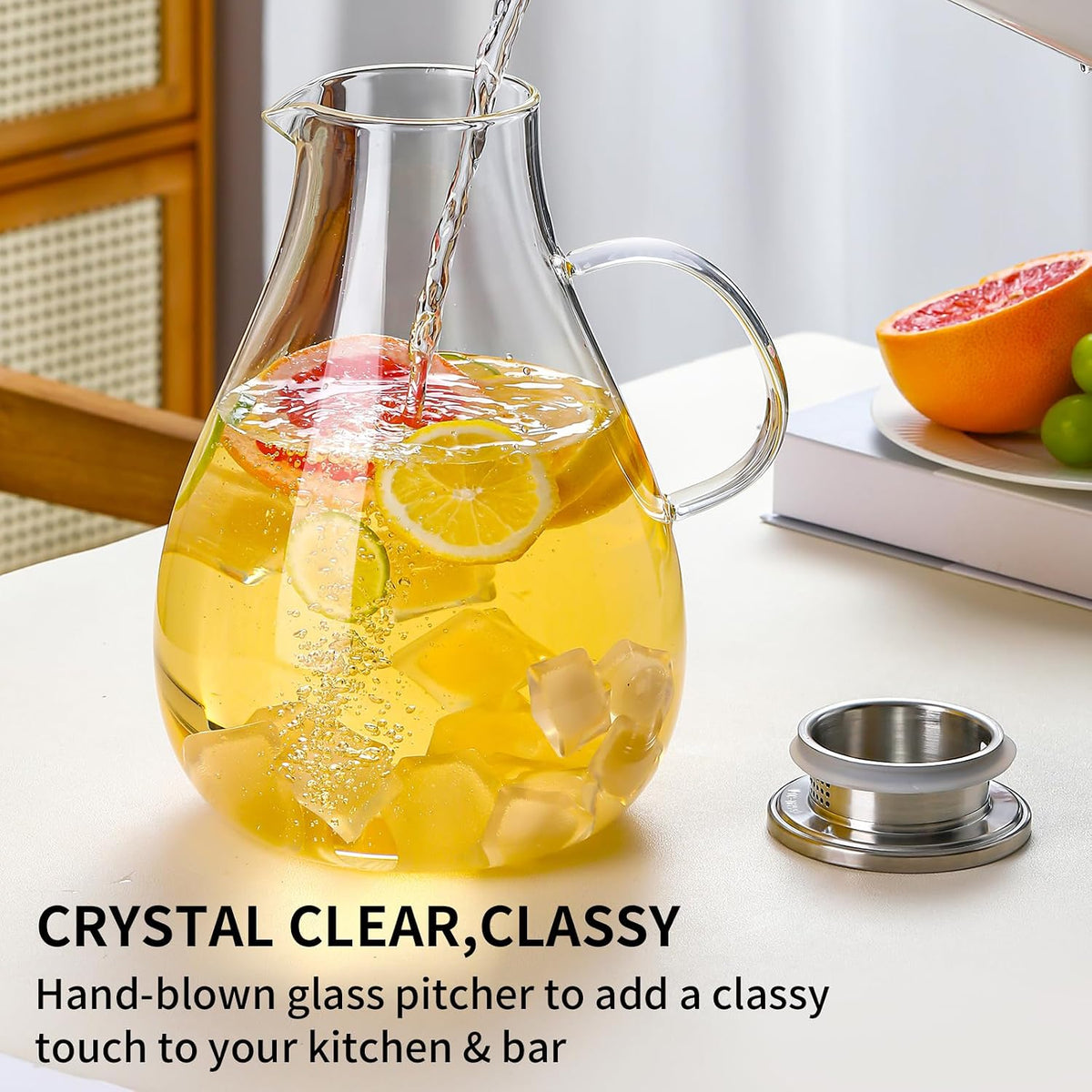 UNBREAKABLE - 1 Gallon Glass Pitcher – 3800ml Heat-Resistant Borosilicate Water Jug with Stainless Steel Lid, Easy to Clean, Handmade Carafe for Hot &amp; Cold Drinks – Modern Style for Home or Office