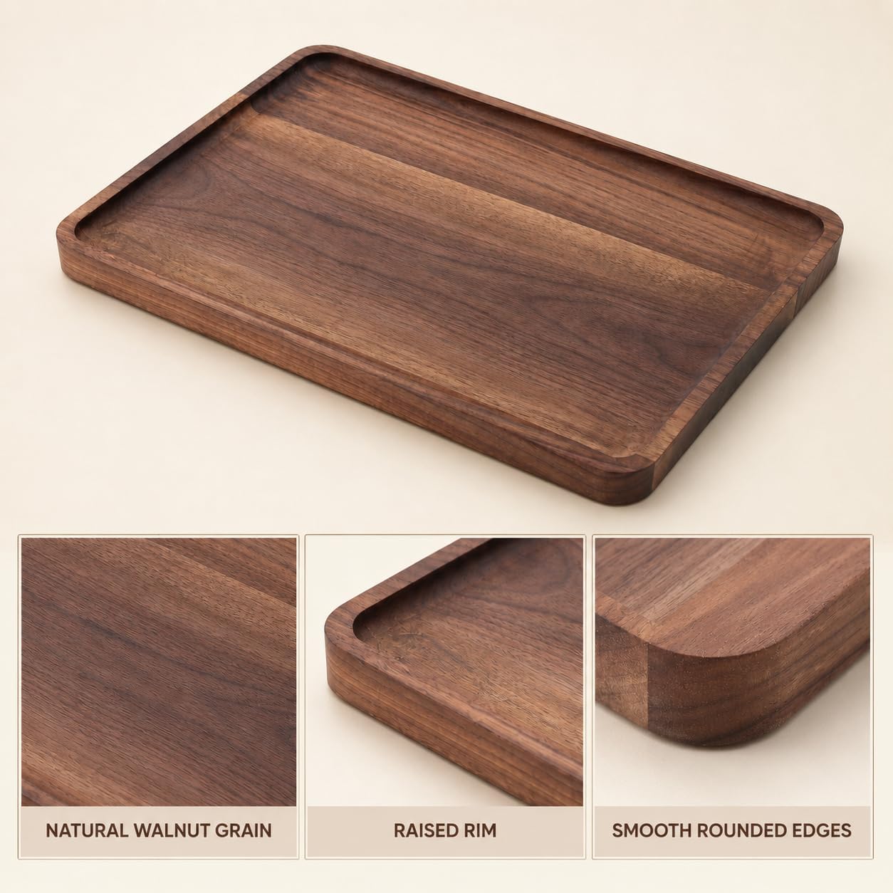 Walnut Wood Serving Tray, 13.4 x 9 Inch Rectangular Platter with Raised Rim