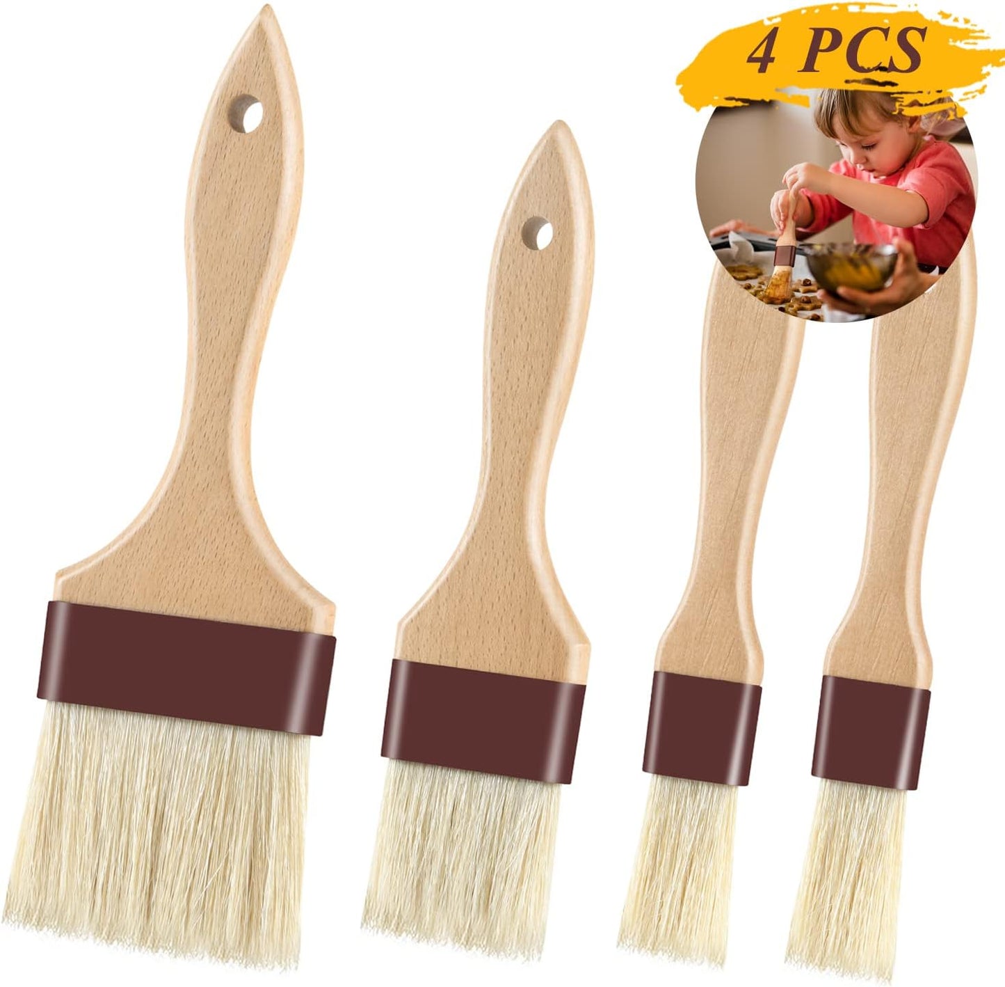 Pastry Brushes for Baking Basting Brush with Boar Bristles and Beech Hardwood Handles Culinary Oil Brush for Barbecue Butter Grill BBQ Sauce Baster Marinade Kitchen Food Cooking Brushes 4PCS