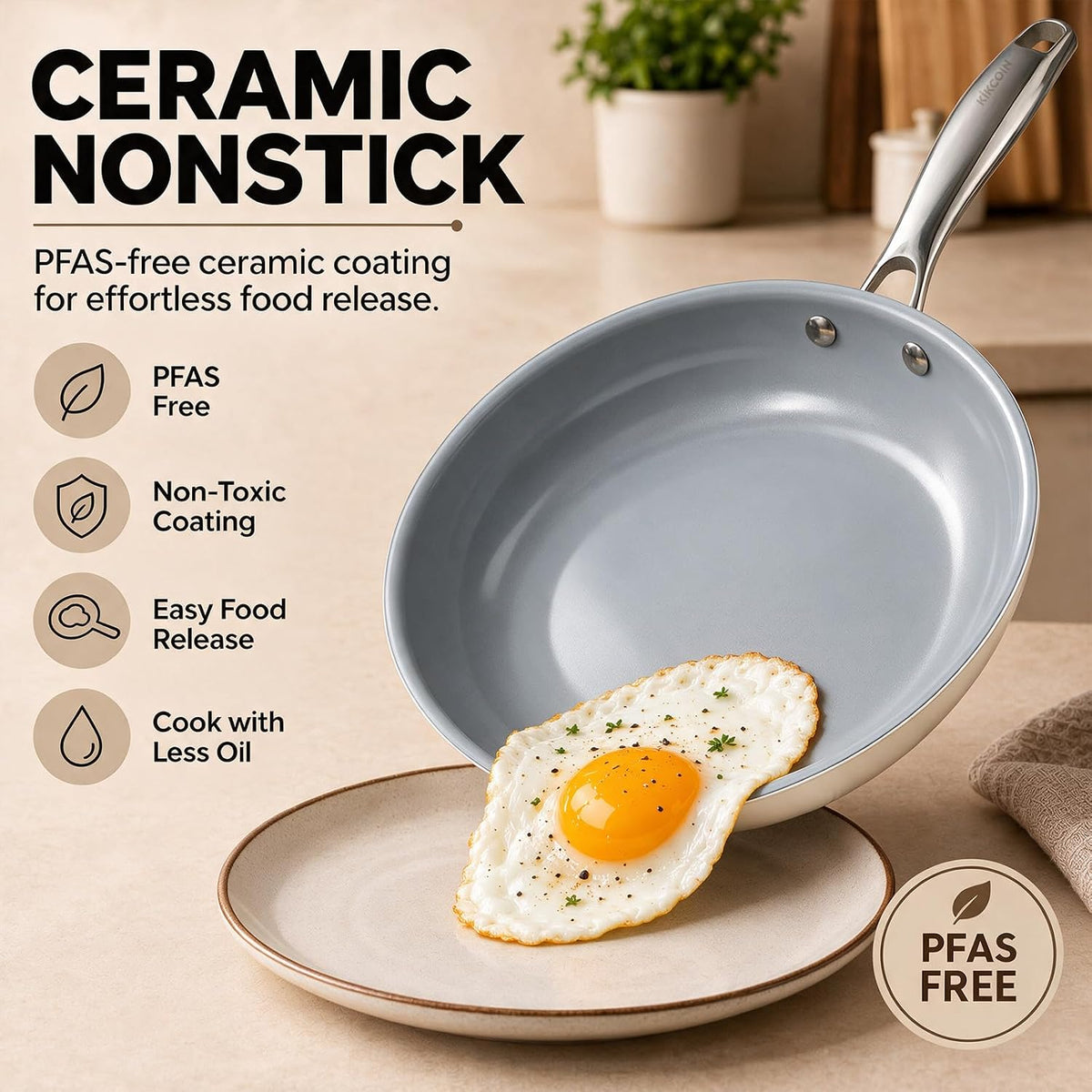 Kikcoin Ceramic Nonstick Frying Pan Skillets - 3 Sizes Omelette Pans for Healthly Cooking, 8+9.5+11 Inch Egg Pan with Stay Cool Handle, Free of PFAS PFOA PTEE, Oven/Dishwasher Safe for Busy Kitchen