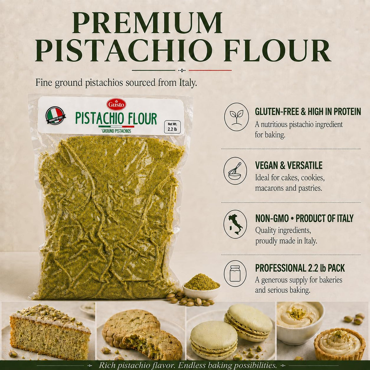GUSTO ETNA Pistachio Flour, Fine Chopped Pistachio Flour, 2.2 lb | Gluten-Free Ground Pistachio Flour and Powder for Baking and Desserts; Vegan, Non-GMO, Product of Bronte, Sicily, Italy.