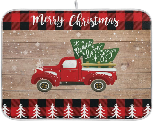 Christmas Dish Drying Mat 18 x 24 Inch with Hanging Loop High Absorbent Reversible Microfiber Red Truck Buffalo Check Plaid