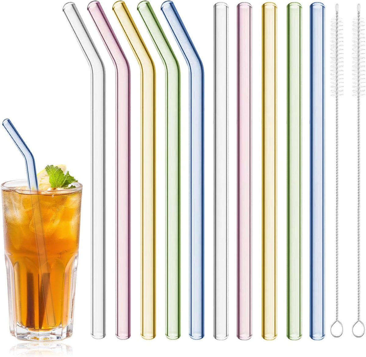 10 Pcs Reusable Glass Straws Shatter Resistant, 8” Colorful Glass Straws | Cute Colored Glass Straws, Set of 5 Straight &amp; 5 Bent Reusable Straws with 2 Cleaning Brush for Beverage, Dishwasher Safe