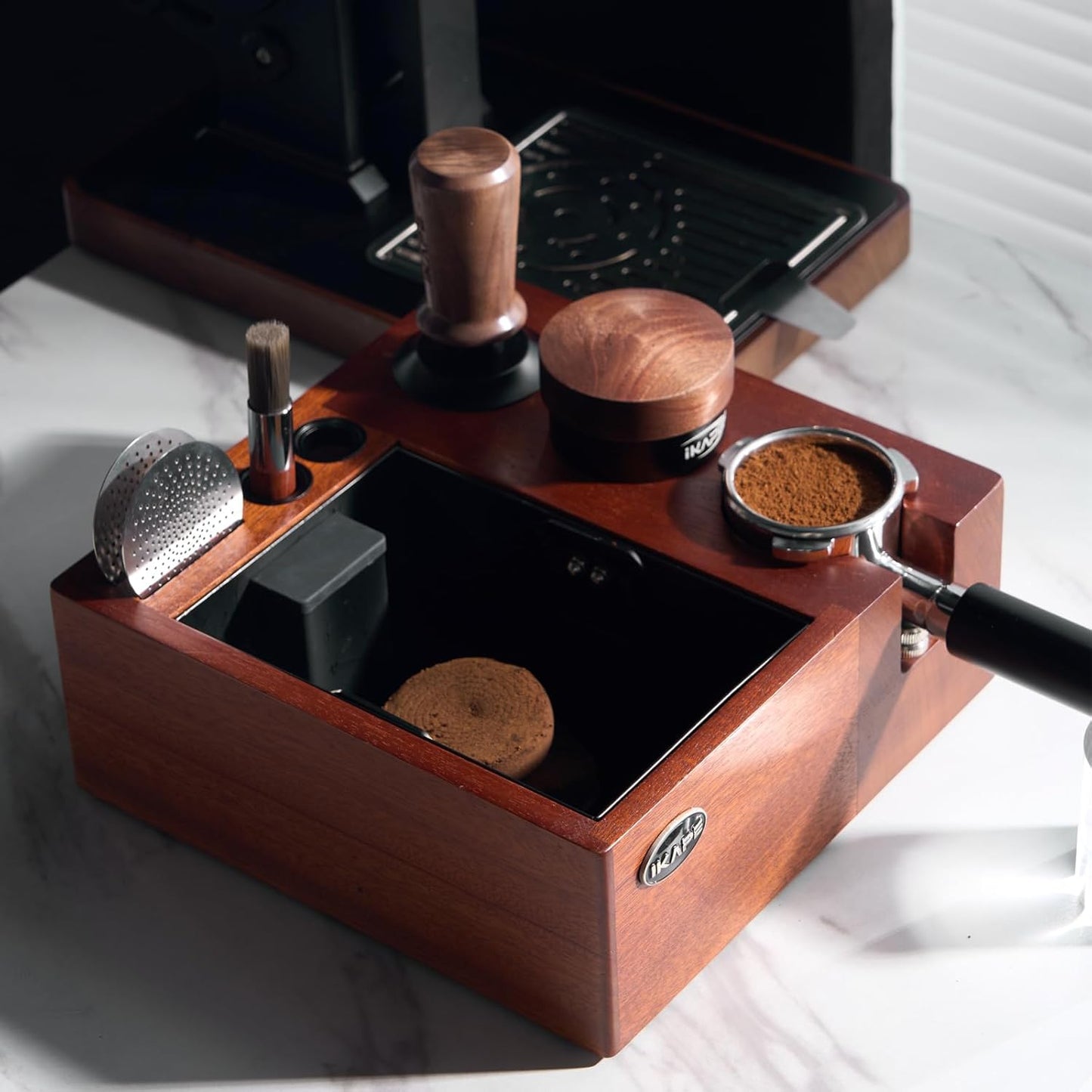 IKAPE V2 Espresso Knock Box, Espresso Coffee Organizer Box Fit for Storage 51mm 53/54mm 58mm Espresso Tamper, Distributor, Portafilter &amp; Puck Screen Accessories, Natural Walnut Station Base (8 IN One)