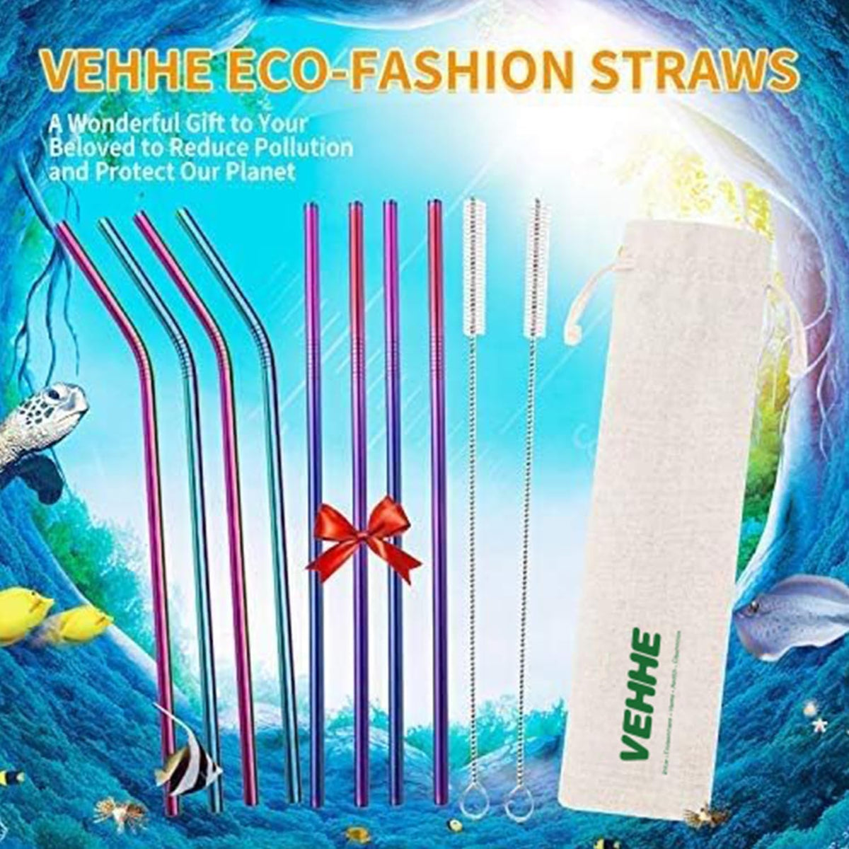 VEHHE 8 Pack Rainbow Metal Straws, Reusable Stainless Steel Straws 20/30 oz