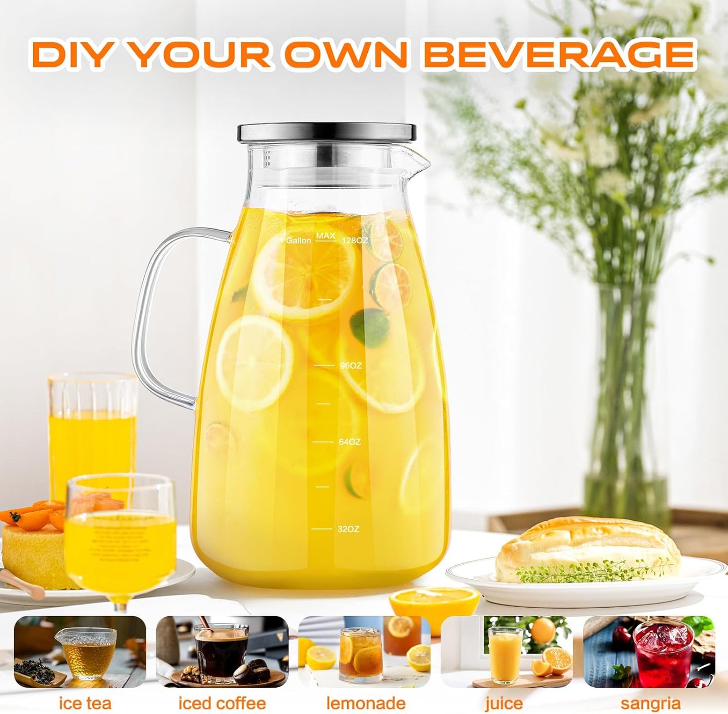 Aofmee Glass Pitcher with Lid and Handle, Glass Water Pitchers, 1 Gallon | Thickened Borosilicate Glass Iced Tea Pitcher, Drip-free Spout, Heat Resistant, Stovetop Dishwasher Safe Jug Jar