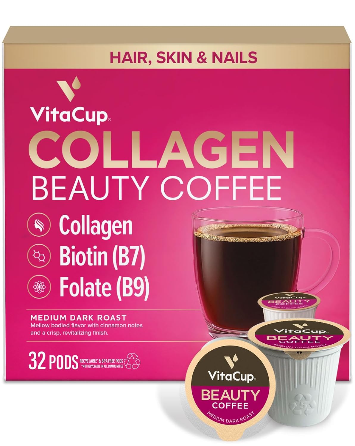 VitaCup Beauty Collagen Medium Dark Roast Coffee Pods, 32ct