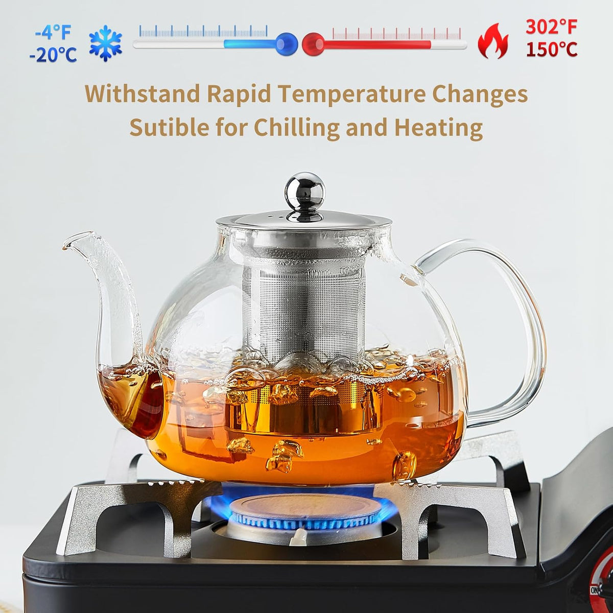 DOPUDO Glass Teapot with Infuser, 40 oz Borosilicate Tea Kettle | Clear borosilicate glass with removable 18/8 steel infuser for stovetop brewing of loose-leaf, herbal, and blooming tea.