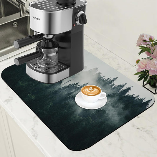 Foggy Forest Coffee Mat Absorbent Dish Drying Mat for Kitchen Counter Hide Stain Rubber Backed Coffee Bar Accessories Fit
