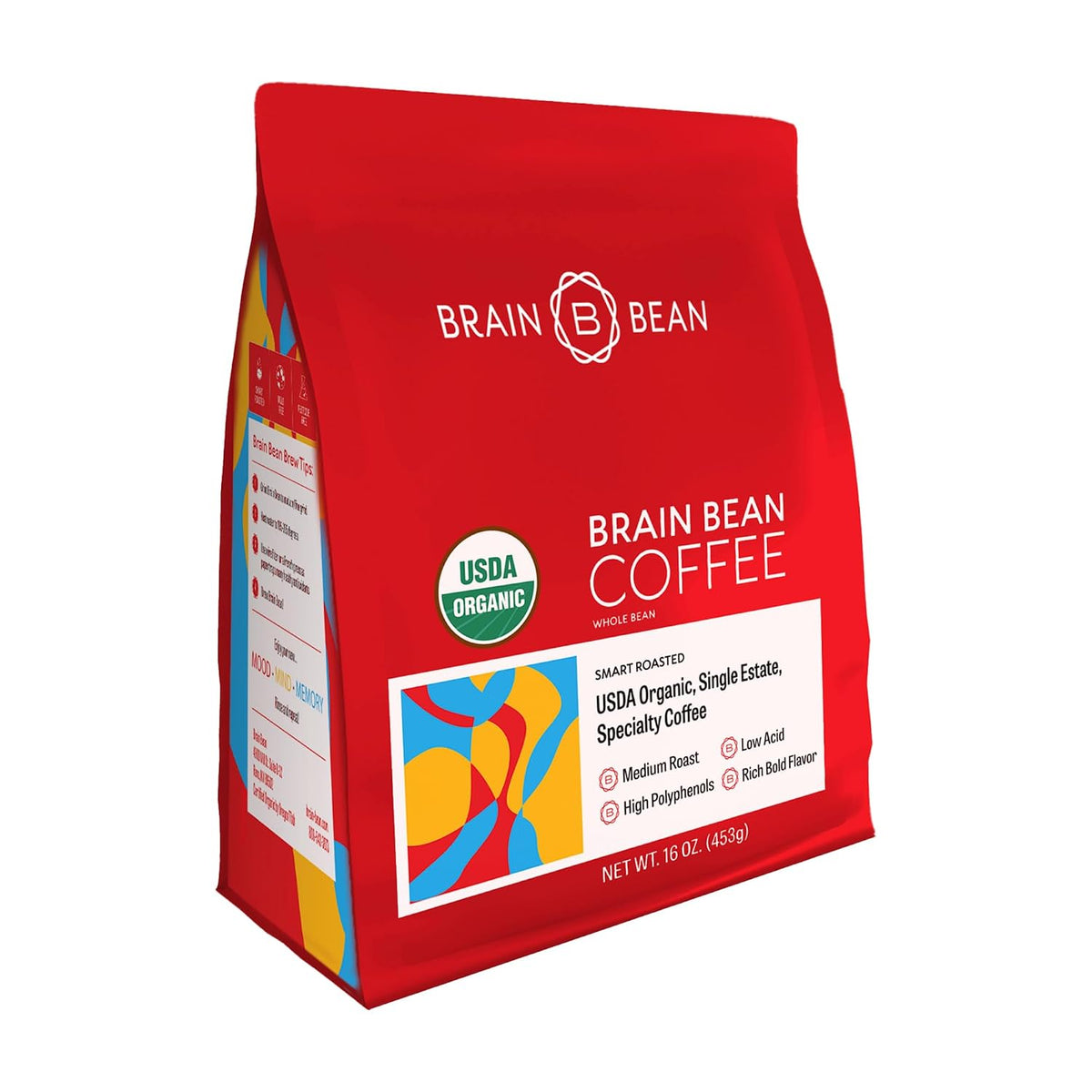 Brain Bean Organic Coffee – USDA Certified Organic Whole Bean Medium Roast – Premium Specialty Coffee – Fresh Roasted for Rich Aroma &amp; Smooth Balanced Flavor – 16 oz