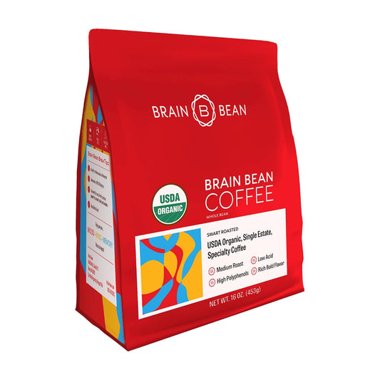 Brain Bean Organic Coffee – USDA Certified Organic Whole Bean Medium Roast – Premium Specialty Coffee – Fresh Roasted for Rich Aroma &amp; Smooth Balanced Flavor – 16 oz