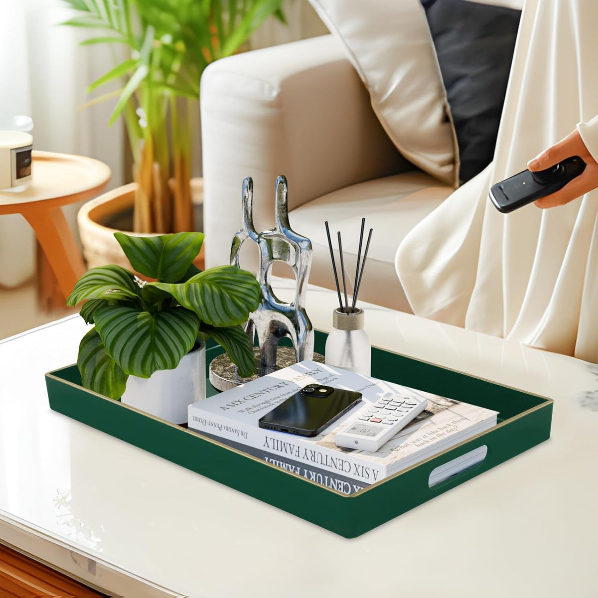 MAONAME Dark Green Decorative Tray for Ottoman, Serving Tray with Handles | Plastic Coffee Table Tray, Modern Melamine Tray, Rectangle Countertop Organizer Tray for Living Room, 15.8"L x 10.2"W x 1.4"H
