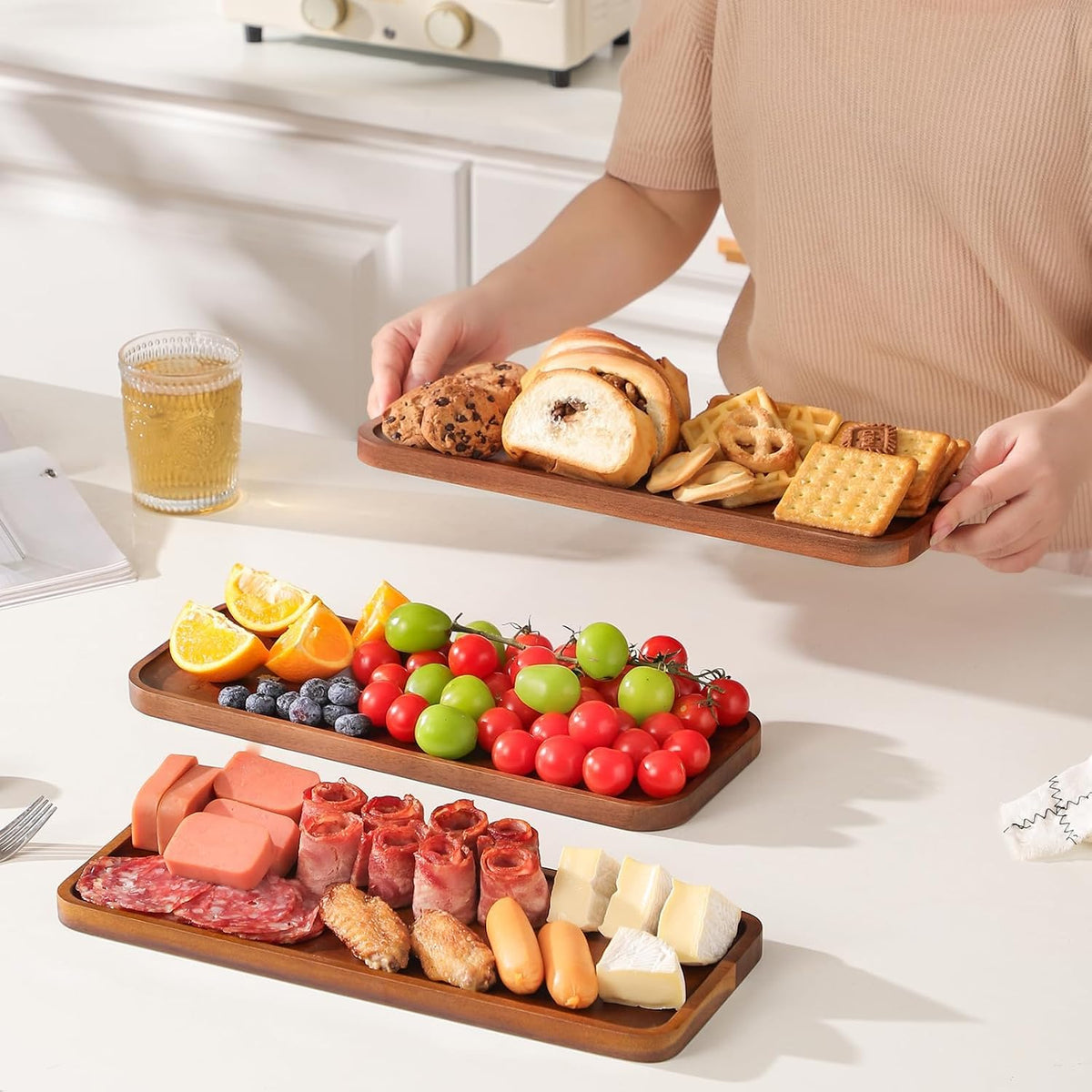 Small Solid Acacia Wood Serving Trays and Platters - Wooden Mini Charcuterie Boards, Rectangle Cheese Board for Food, Bathroom, Home Decor, Kitchen Counter, (14" x 5.5", 1 Pack)