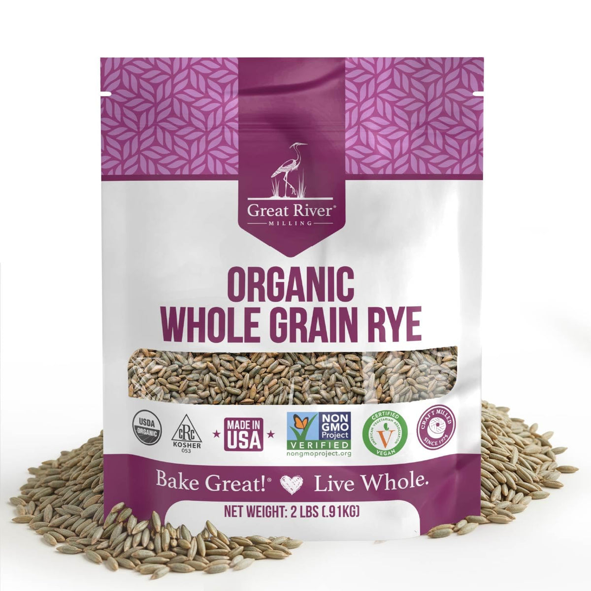 Great River Milling Organic Whole Grain Rye Berries, Non-GMO, 2 lb | Organic Whole Rye Berries for home-milled rye flour, sourdough bread, sprouting, soups, salads and pilaf; chewy cooked grain