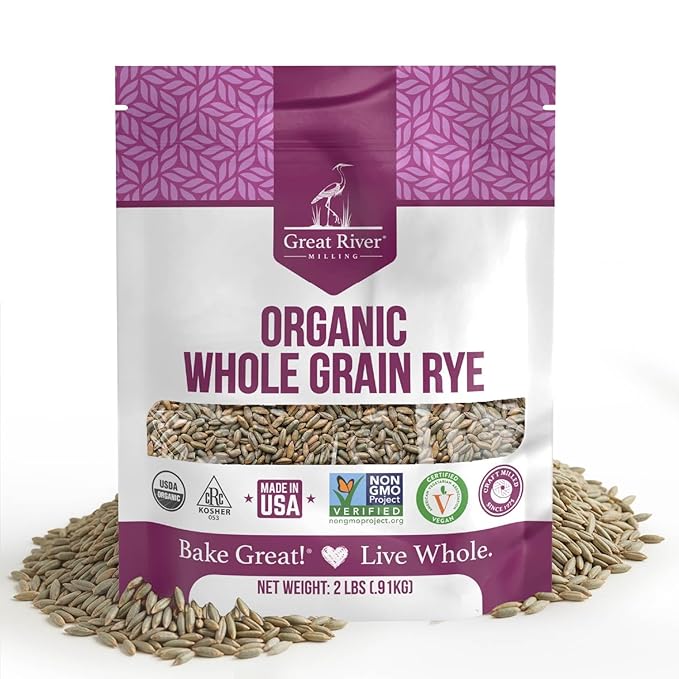 Great River Organic Milling Organic Whole Grain Rye Berries | High-Fiber, Nutrient-Rich Ancient Grain | Non-GMO, Kosher | Ideal for Baking, Sourdough, Salads, Pilaf & Soups | 2 Lb