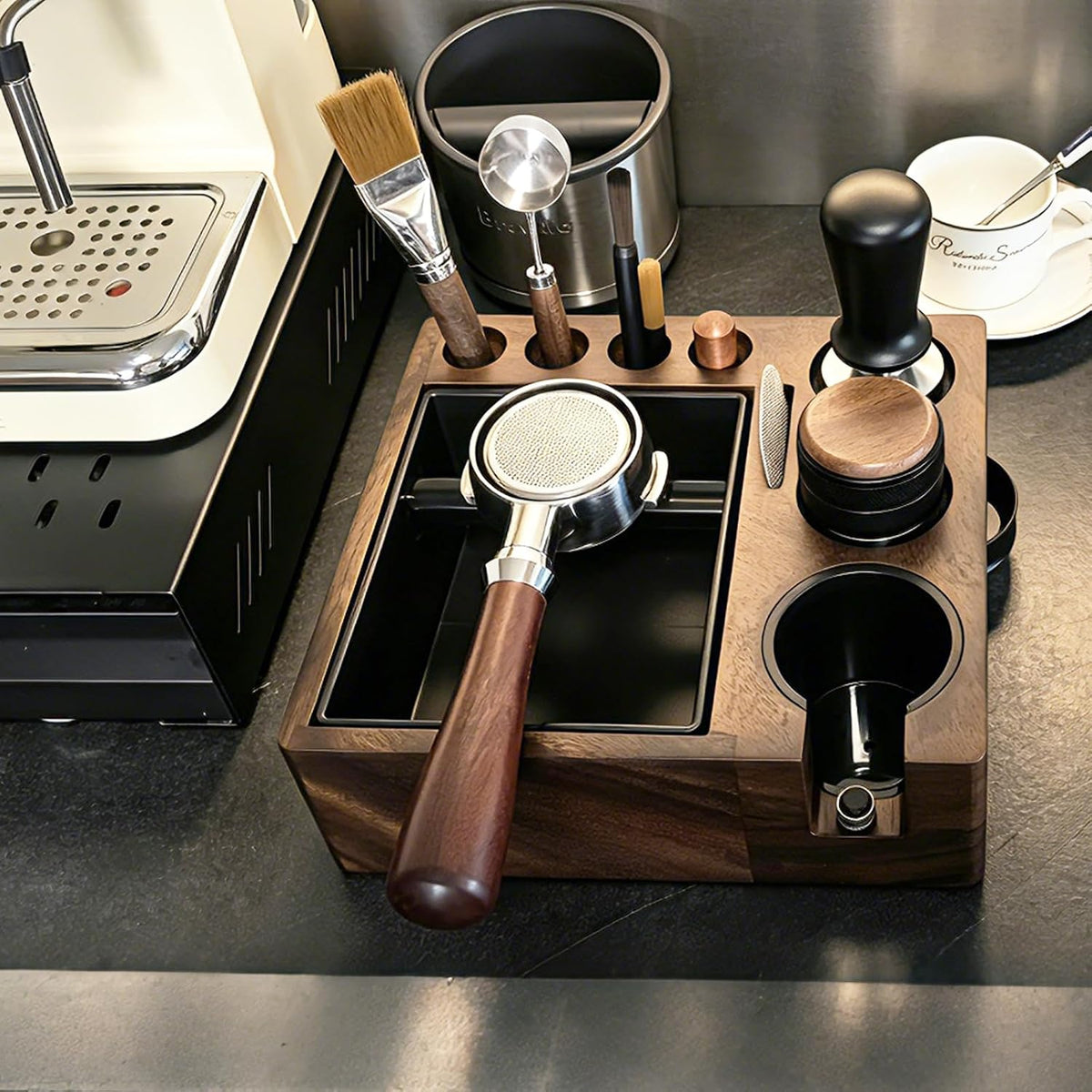 Espresso tamping station knock box,tamper station,Espresso station fit for storage 51-58mm tamper,distributor,portafilter,puck screen accessories,9 in 1 espresso knock box and tamper station