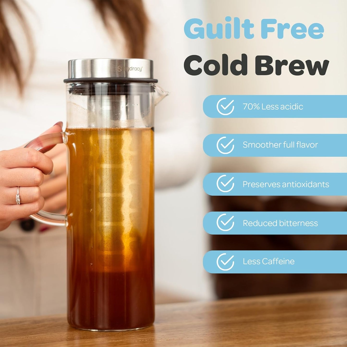 Hydracy Cold Brew Coffee Pitcher,Borosilicate Glass Iced Tea Maker 52oz | BPA-Free,Fruit Infusion Tube,Stainless Steel Lid,Thermal Resistant,Dishwasher Safe,Fits Fridge Door for Home &amp; Office