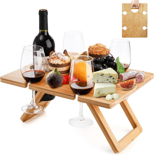 Portable Wine Picnic Table with 5 Wine Glasses Holder, Foldable Champagne Picnic Snack Table, Wine and Cheese Table for