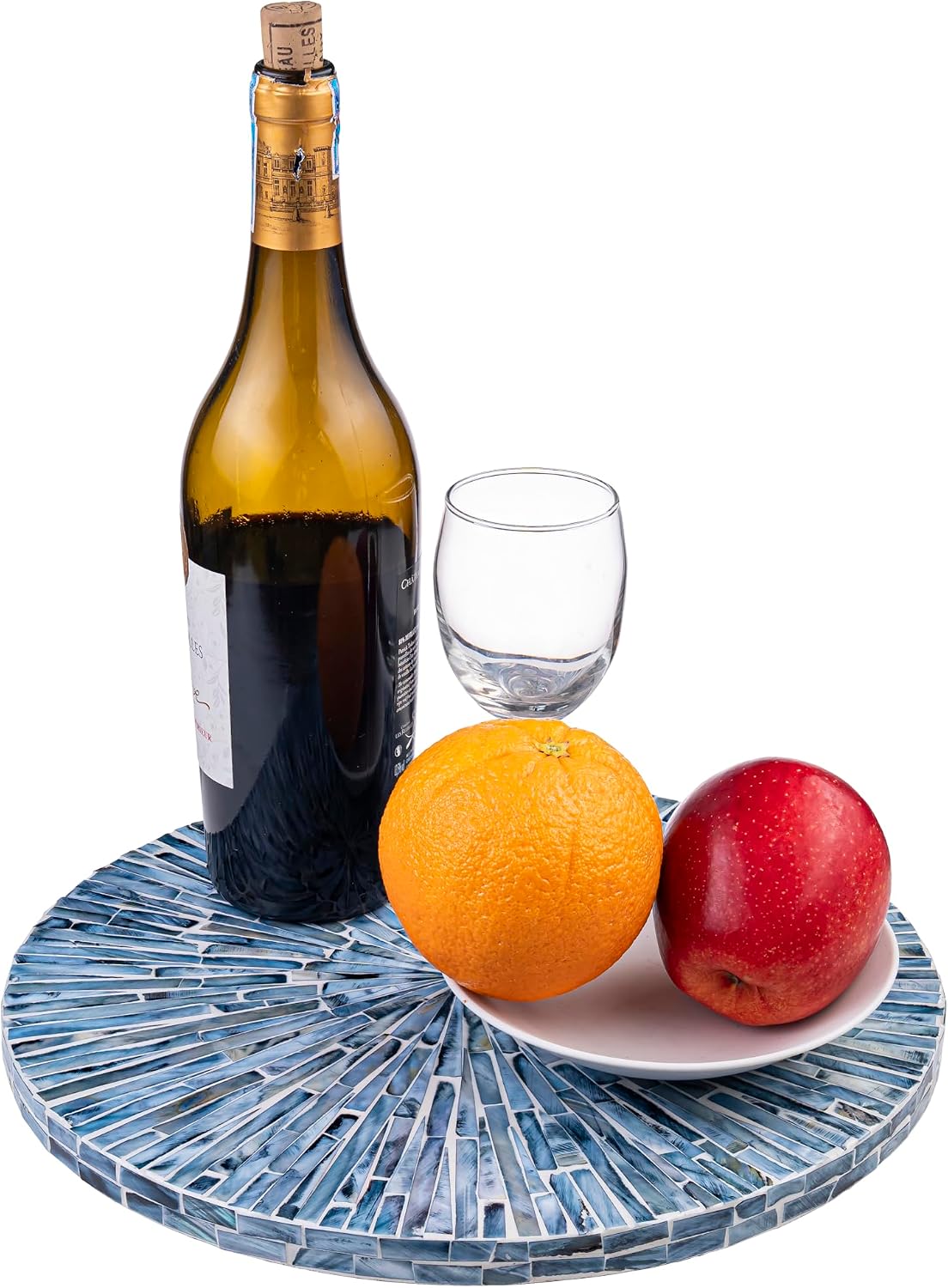 PEMAR 12.6” Handcrafted Mother of Pearl Blue Starburst Lazy Susan – Rotating Centerpiece for Dining Table, Elegant Beach House &amp; Farmhouse Home Décor, Luxury Hostess &amp; Housewarming Gift