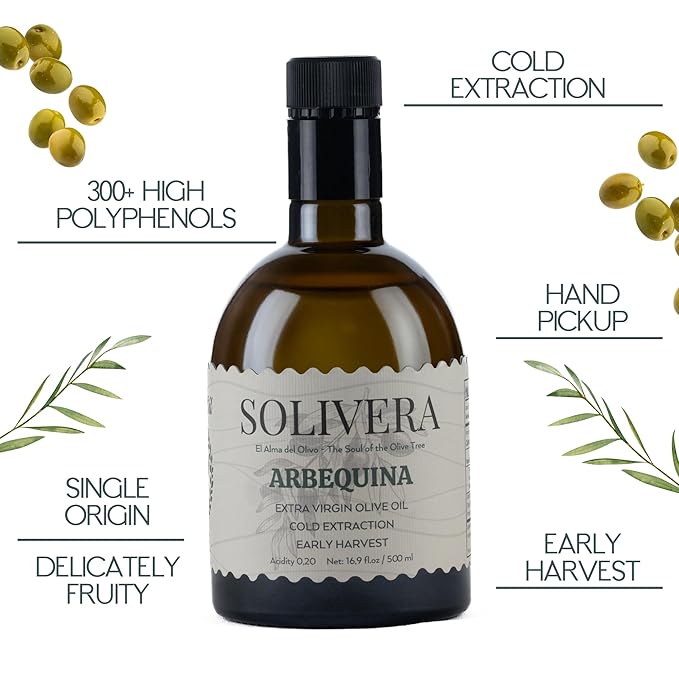 Solivera Arbequina Extra Virgin Olive Oil Cold Pressed, 300+ Polyphenols Rich, Single-Origin Organic Olive Oil, Delicately Fruity, Hand Picked Early Harvest - 16.8 fl. oz.