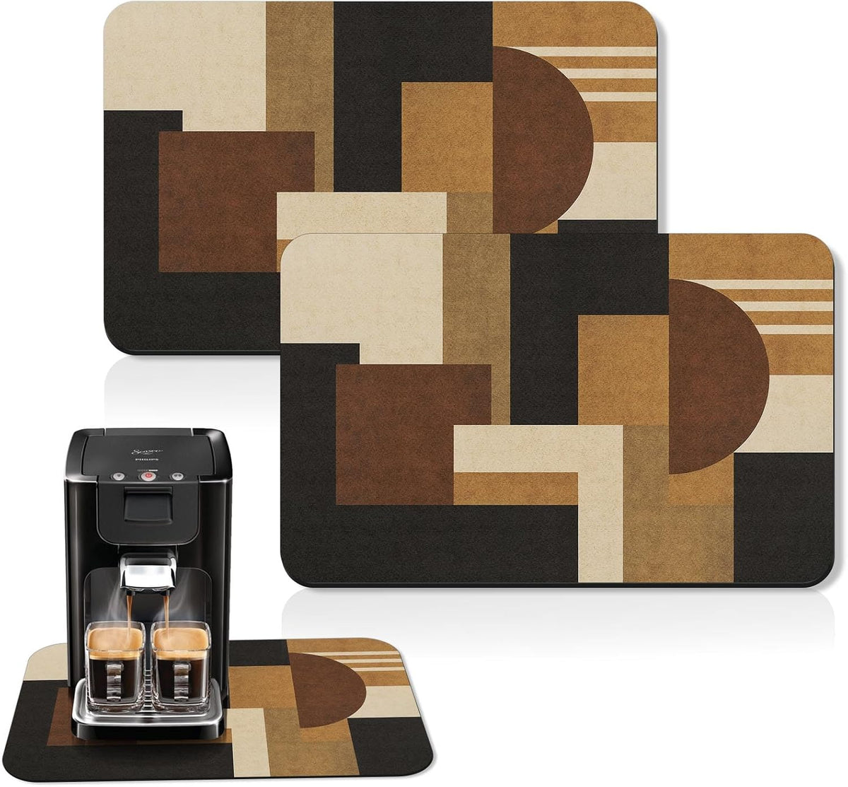 Arttown Coffee Mat for Countertops, 2 Pcs, 12" x 19" Geometric Retro | Ethnic Modern Dish Drying Mats Rubber Backed, Kitchen Bar Accessories for Espresso Machine Rack Hide Stain