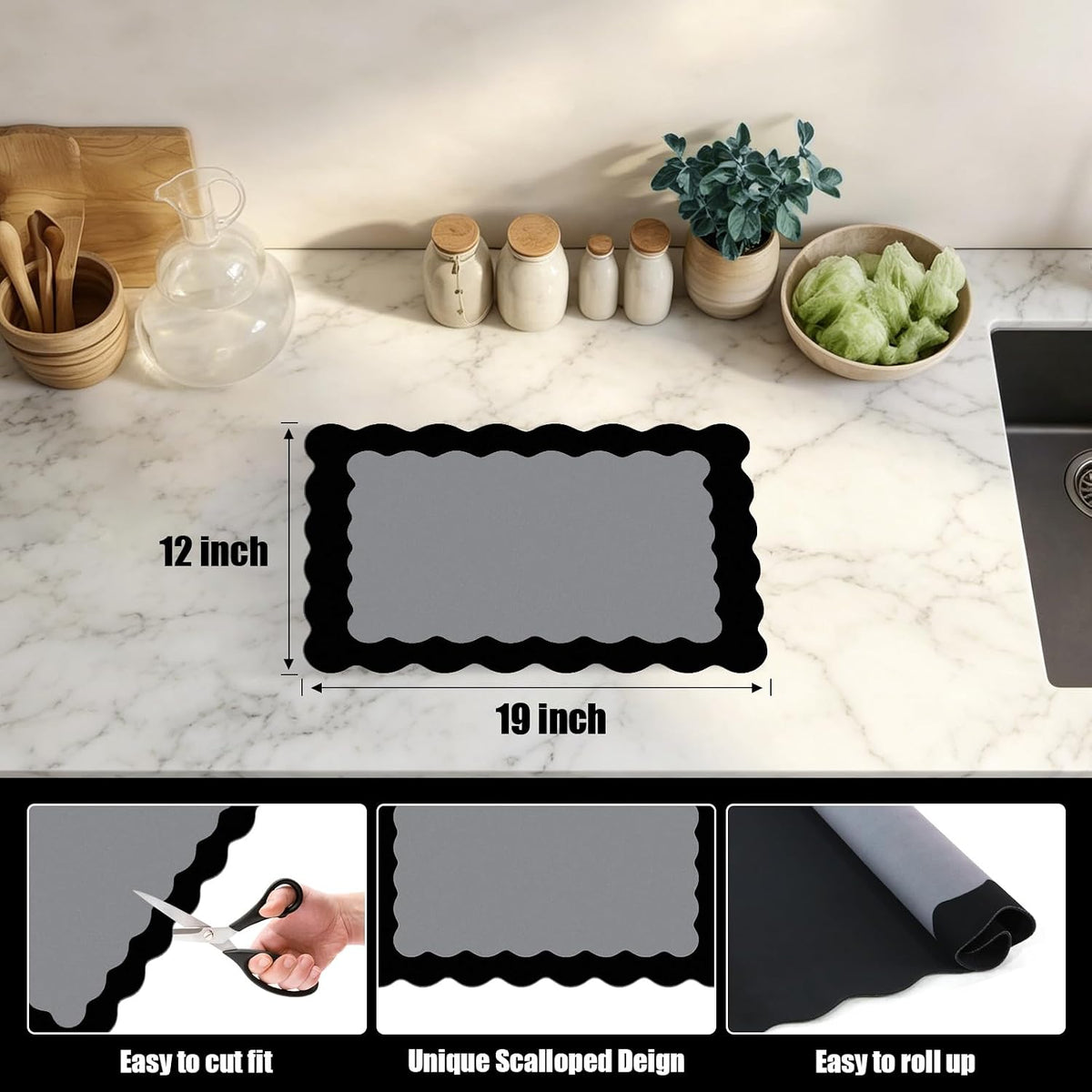 Black Scalloped Coffee Mat for Countertop Coffee Bar Mat Matt | Diatomite Absorbent Non-Slip Rubber Backing Coffee Staion Mats for Kitchen Counter, Kitchen Aesthetic Decor (12"x19", Black)