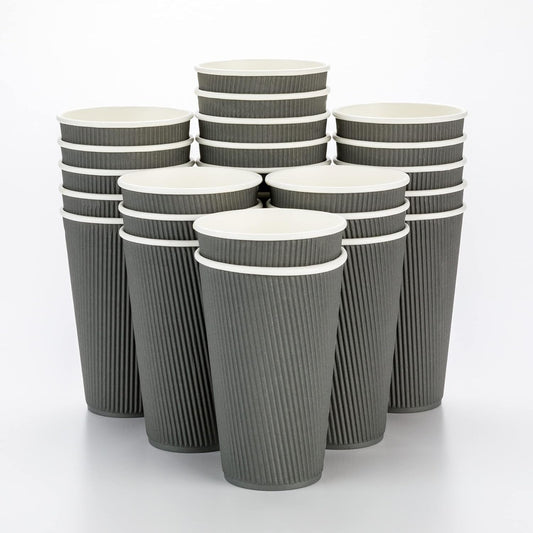 Restaurantware 16 Ounce Ripple Wall Disposable Coffee Cups, 500 Insulated Gray Paper Tumblers with Rolled Rim Design, Lids