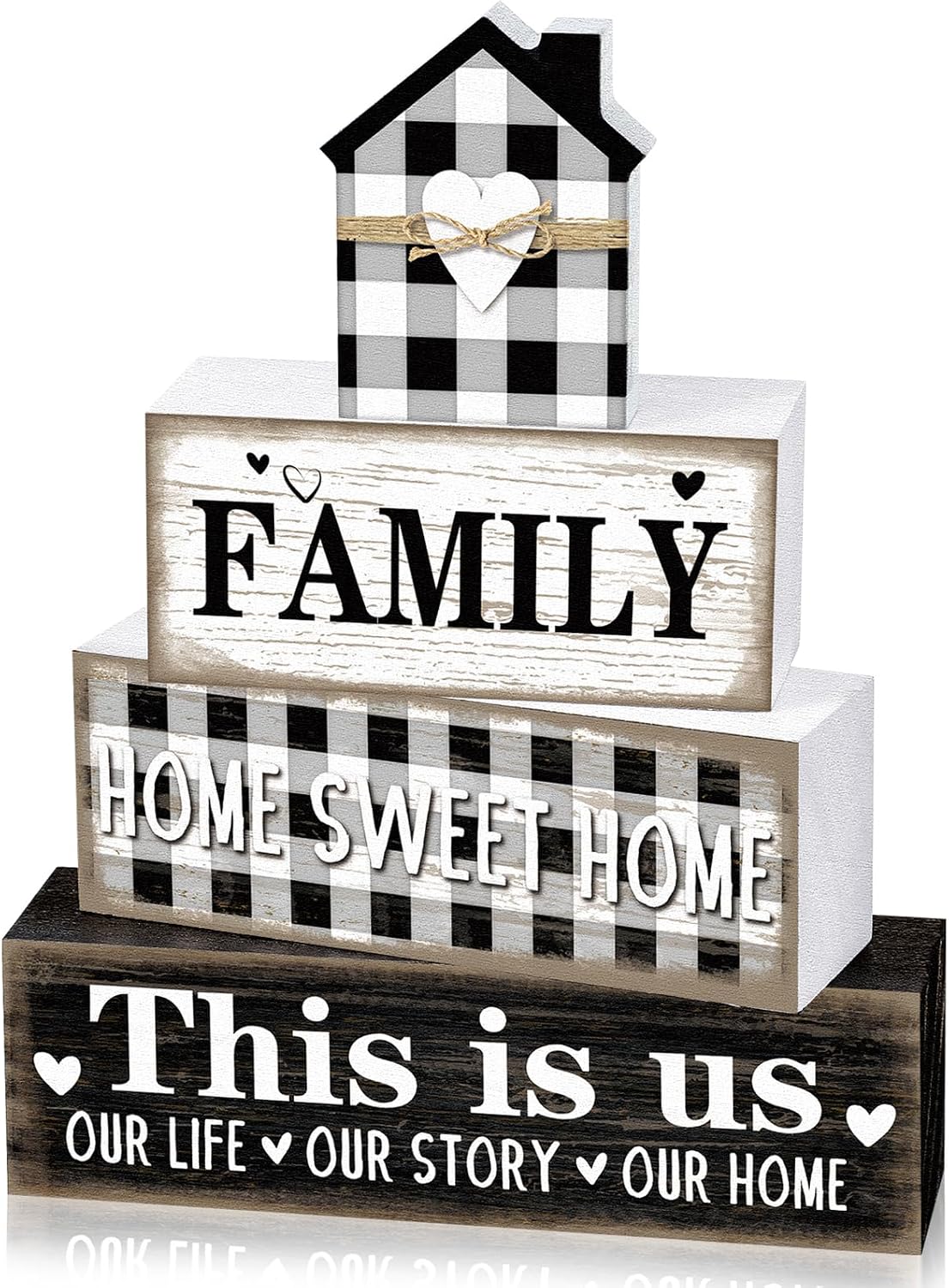 Cinnvoice 4 Pcs Farmhouse Table Decoration Rustic Sign Block,Buffalo Plaid | Home Sweet Home Sign, This Is Us Tabletop Centerpiece, black and White Farmhouse Decor for Home Indoor Kitchen Office Shelf