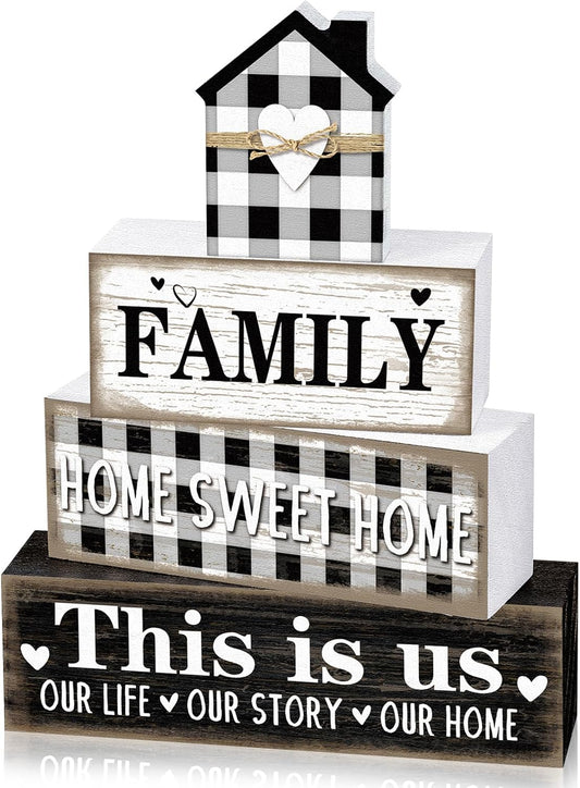 Cinnvoice 4 Pcs Farmhouse Table Decoration Rustic Sign Block,Buffalo Plaid | Home Sweet Home Sign, This Is Us Tabletop Centerpiece, black and White Farmhouse Decor for Home Indoor Kitchen Office Shelf