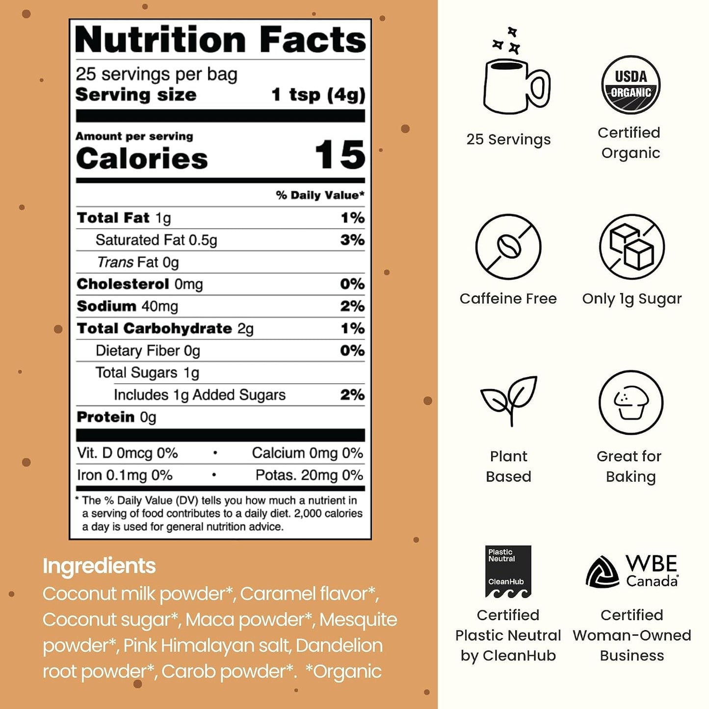 Blume Salted Caramel Superfood Latte - 1g Sugar, Caffeine Free, 25 Servings | Organic Dandelion Root and Maca, Oat Milk Powder, Pink Himalayan Sea Salt, Hot or Iced or With Coffee, Plant Based, Vegan