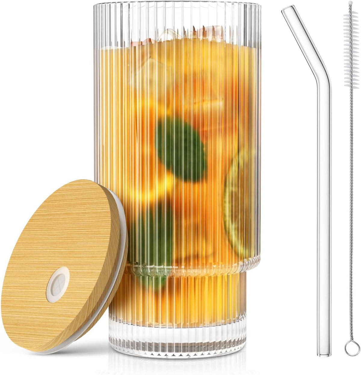 CWHHRN 16OZ Glass Cups with Lids and Straws, Vintage Glassware for Whiskey Cocktail Beer, Iced Coffee Cups with Lid, Glass Tumbler with Straw and Lid (2 PACK)