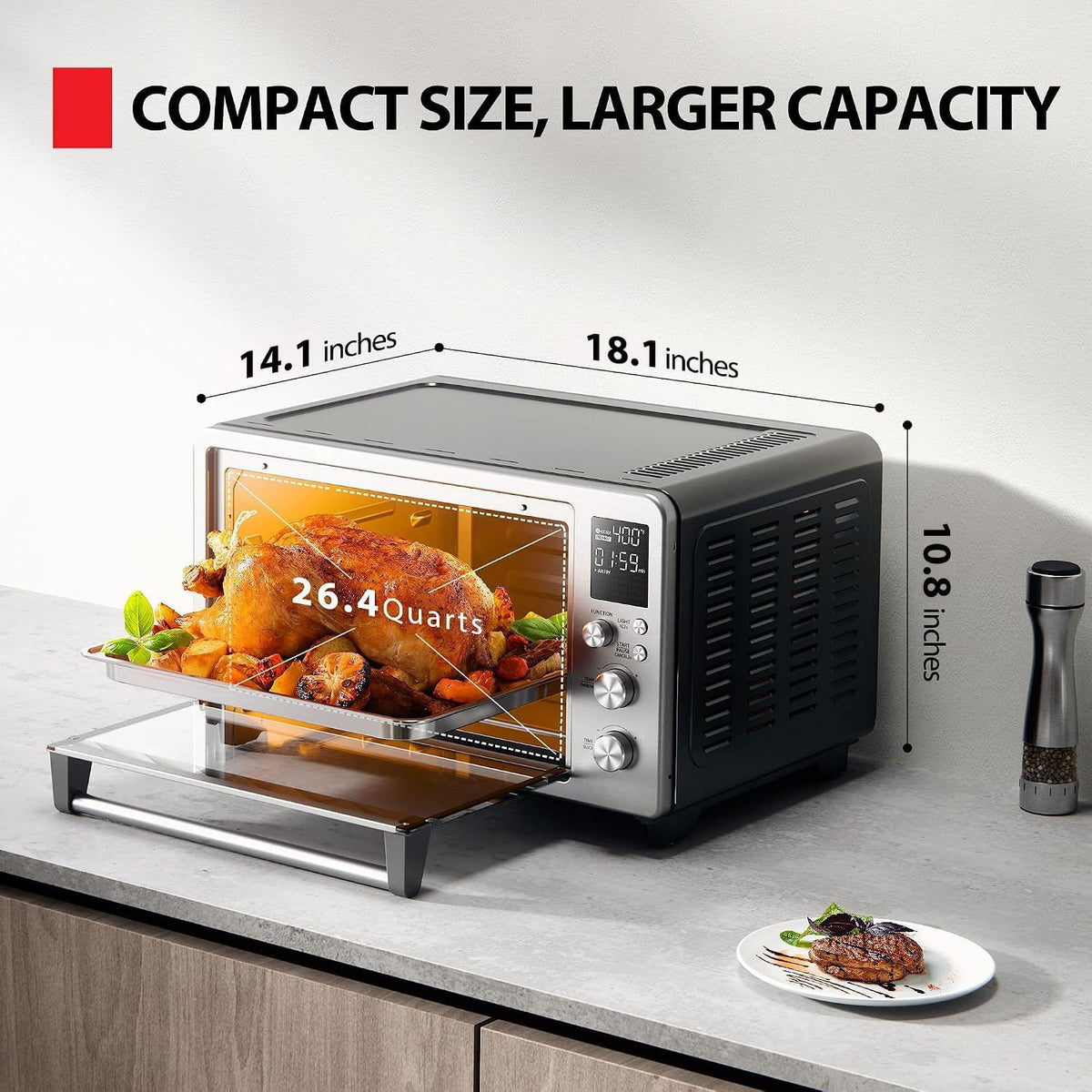 TOSHIBA ChefFry Air Fryer Toaster Oven Combo, 26.4 QT Large Capacity, 12-in-1 Countertop Toaster Oven, Stainless Steel
