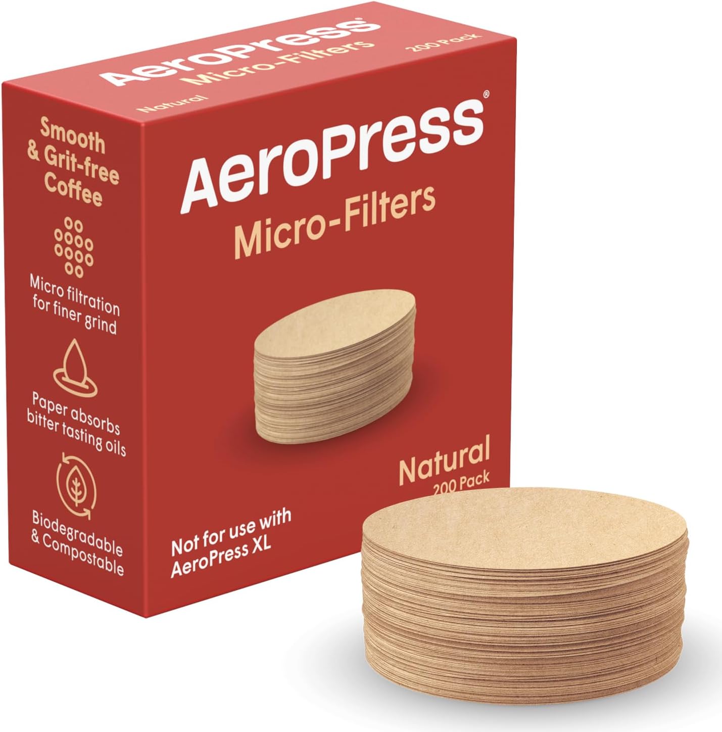 AeroPress Natural Paper Micro-Filters, 200 Count | Round Replacement Coffee Filters, Unbleached, Compostable Paper Filters, Fits Standard Size AeroPress Coffee Makers