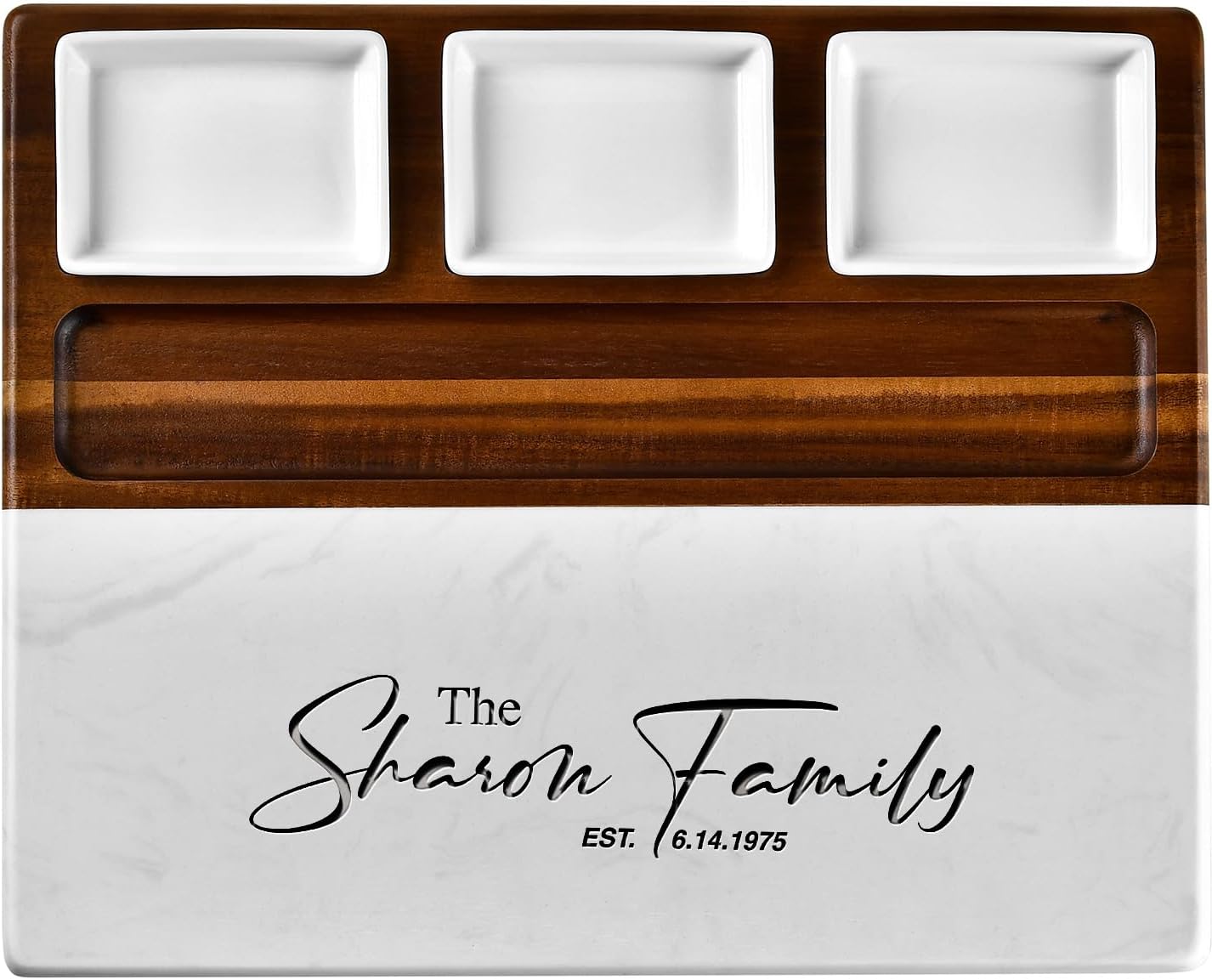 Shanik Wood Marble Cheese Board Set – Acacia &amp; Marble Charcuterie Board with 3 Removable Ceramic Bowls &amp; Stainless Steel Cutlery, Personalized Engraving, Wedding &amp; Housewarming Gift