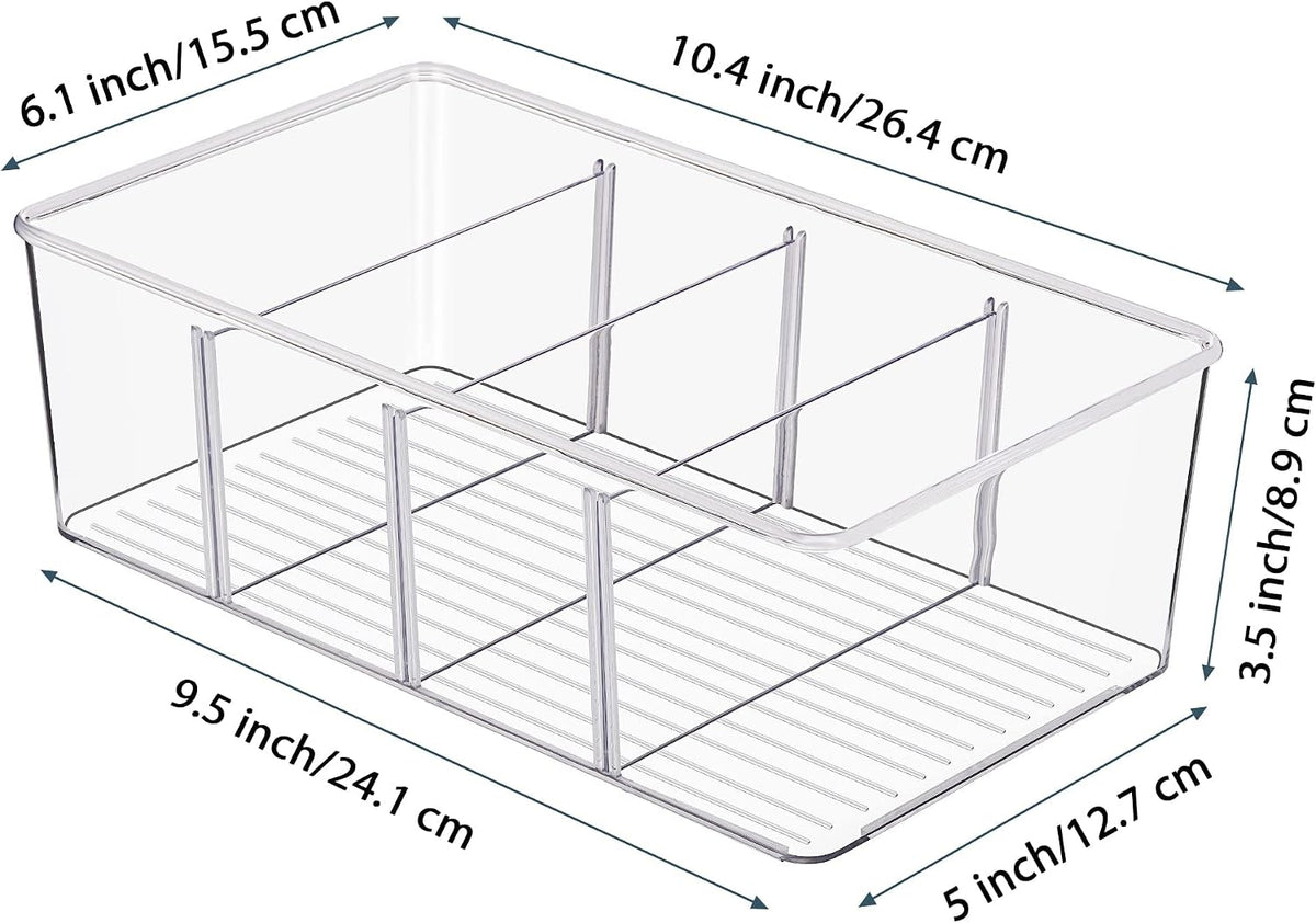 Vtopmart 10 Pack Food Storage Organizer Bins, Clear Plastic Bins for Pantry, Kitchen, Fridge, Cabinet Organization and Storage, 4 Compartment Holder Packets, Snacks, Pouches, Spice Packets