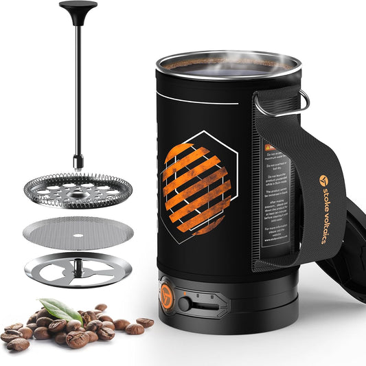 Portable Camping Coffee Maker, Electric French Press, Travel Kettle, 120V | 2-in-1 coffee maker and water boiler with electric French press brewing; portable 120V design for camping, travel and RV use.