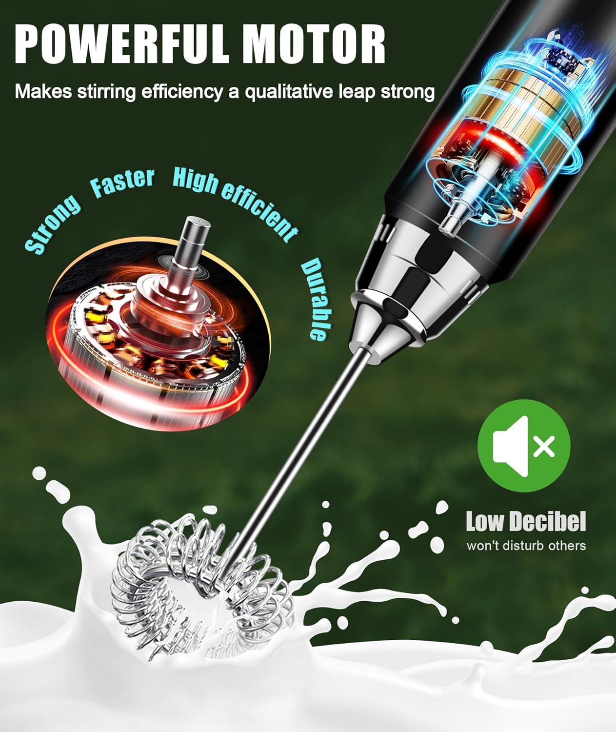 YUSWKO Rechargeable Milk Frother for Coffee, Handheld Drink Mixer with 3 Heads 3 Speeds, Ideal Coffee Frother Wand for Travel - Green