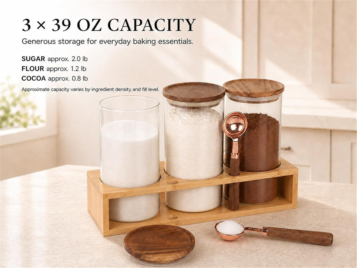 KKC HOME ACCENTS Glass Jar Set with Bamboo Stand &amp; Spoon - 39oz 3 Pack
