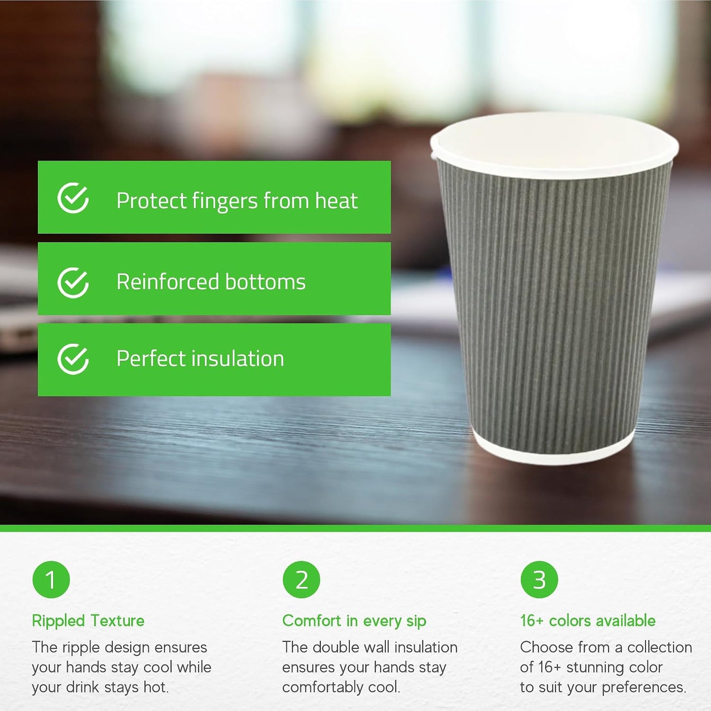 Restaurantware Ripple Wall Coffee Cups 500 Count 12 Ounce Insulated Gray Paper Cups, Rolled Rim Spill-Resistant Disposable Paper Non-Slip for Coffee, Beverages