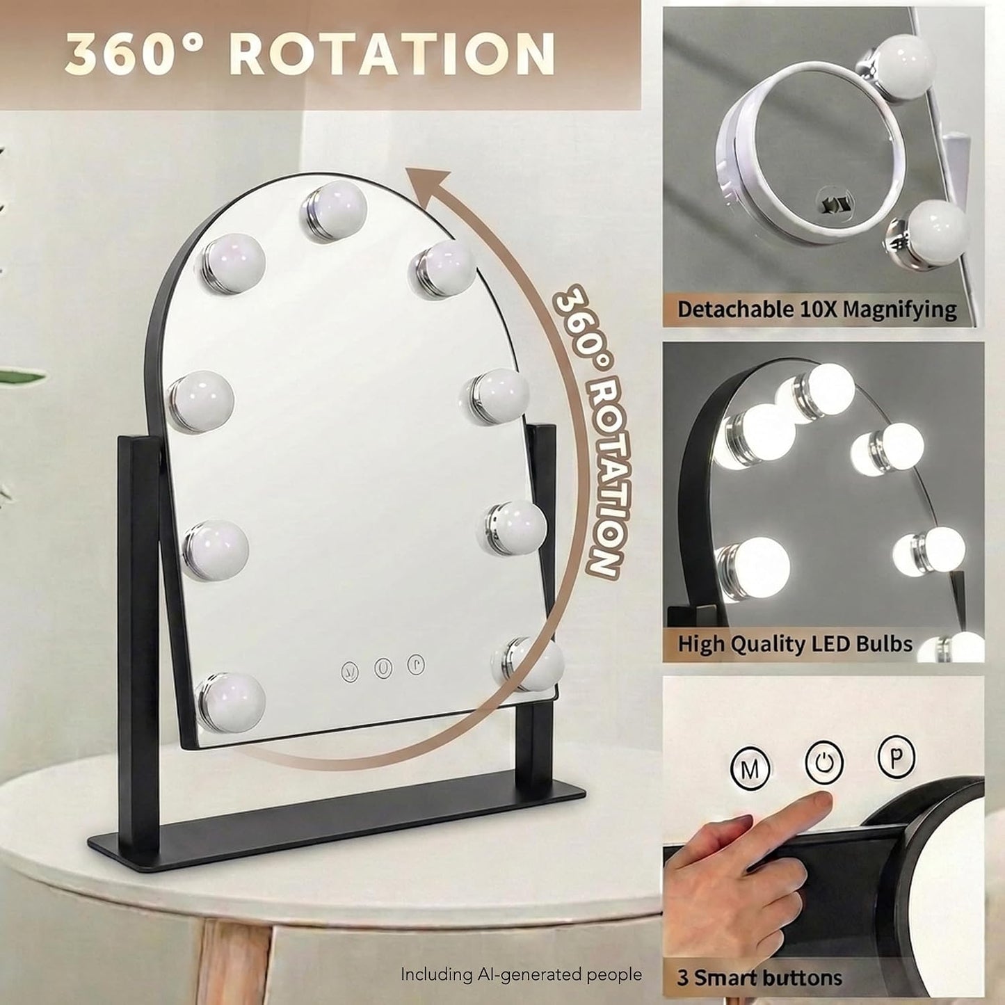 Arched Makeup Vanity Mirror with Lights,10X,Black,14.17"x11.81" | Vanity Mirror with Detachable 10X Magnification Mirror, Rechargeable, 3 Color Lights,Smart Touch, 360‑Degree Swivel