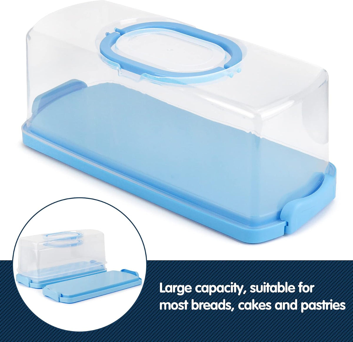 2-Pack Plastic Rectangular Bread Box with Clear Lid, Loaf Cake Keeper, Portable Bread Keeper Storage Container with Handle (Blue)